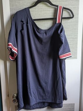 NWT  Navy Off-Shoulder Tee with Red & White Stripe Trim